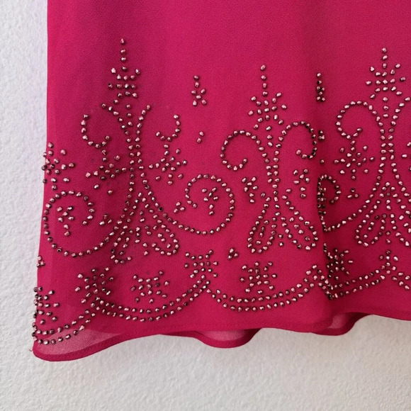 R&K Evening Size 14 Top Blouse Magenta V Neck Cap Sleeves Adorned With Beads - Picture 3 of 7